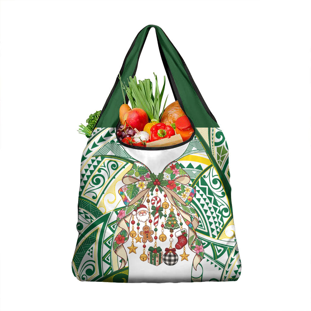 Cook Islands Tīvaevae Christmas Bow Grocery Bag Gold Green Kuki Tribal Pattern LT9 1-pack One Size White - Polynesian Pride