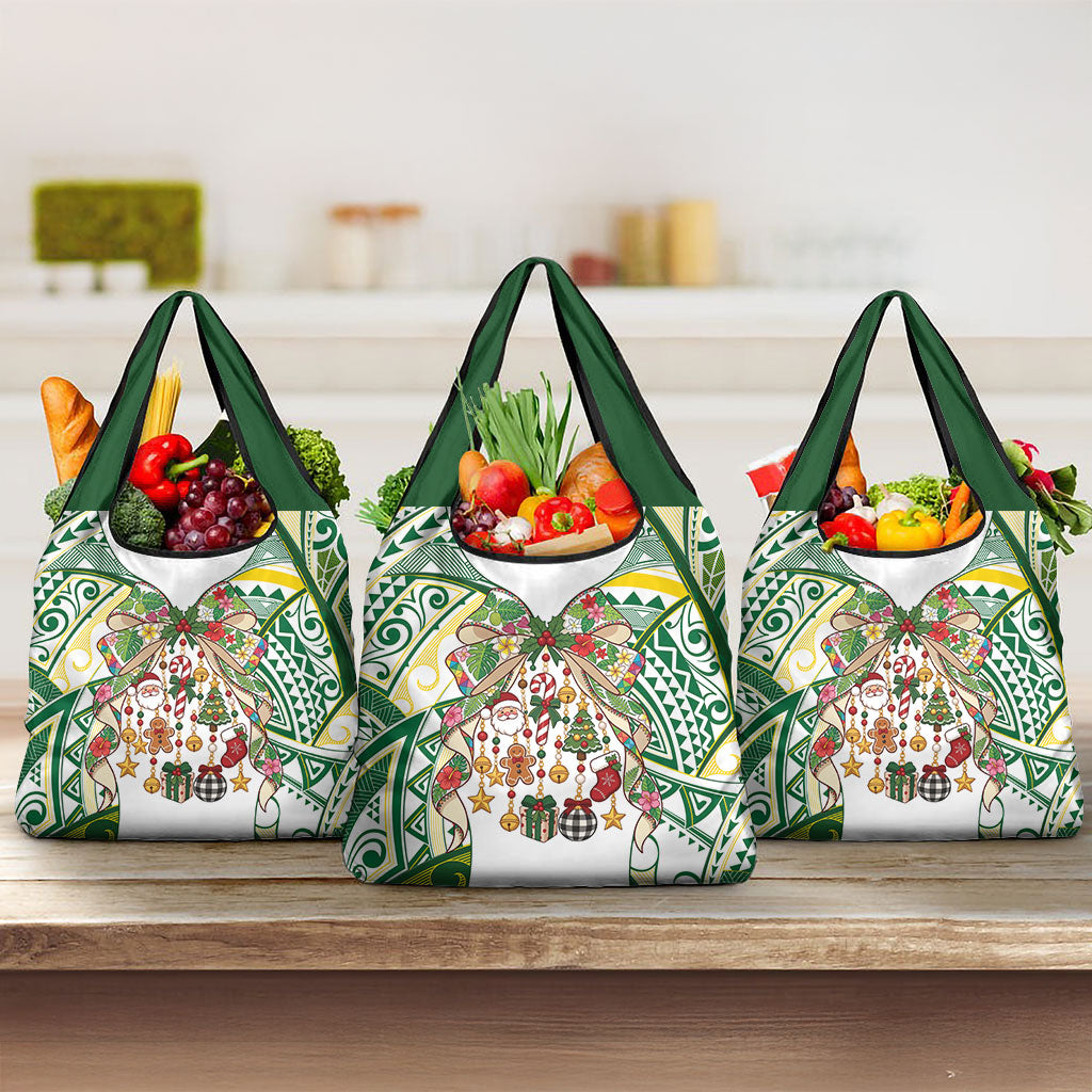 Cook Islands Tīvaevae Christmas Bow Grocery Bag Gold Green Kuki Tribal Pattern LT9 3-pack One Size White - Polynesian Pride