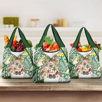 Cook Islands Tīvaevae Christmas Bow Grocery Bag Gold Green Kuki Tribal Pattern LT9 3-pack One Size White - Polynesian Pride