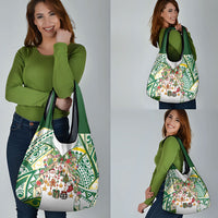 Cook Islands Tīvaevae Christmas Bow Grocery Bag Gold Green Kuki Tribal Pattern LT9 - Polynesian Pride