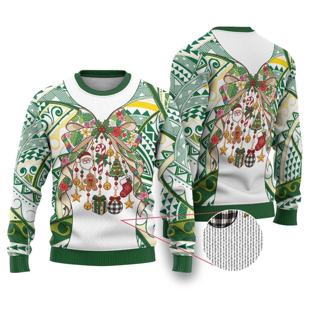 Cook Islands Tīvaevae Christmas Bow Ugly Christmas Sweater Gold Green Kuki Tribal Pattern LT9 White - Polynesian Pride