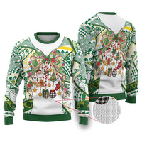 Cook Islands Tīvaevae Christmas Bow Ugly Christmas Sweater Gold Green Kuki Tribal Pattern LT9 White - Polynesian Pride