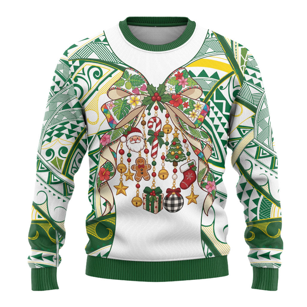 Cook Islands Tīvaevae Christmas Bow Ugly Christmas Sweater Gold Green Kuki Tribal Pattern LT9 - Polynesian Pride