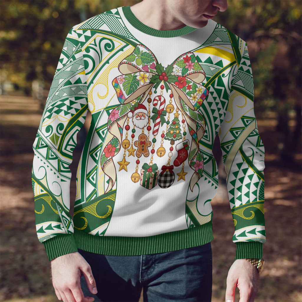 Cook Islands Tīvaevae Christmas Bow Ugly Christmas Sweater Gold Green Kuki Tribal Pattern LT9 - Polynesian Pride