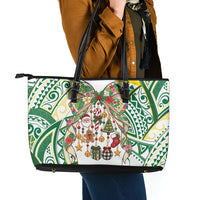 Cook Islands Tīvaevae Christmas Bow Leather Tote Bag Gold Green Kuki Tribal Pattern LT9 - Polynesian Pride