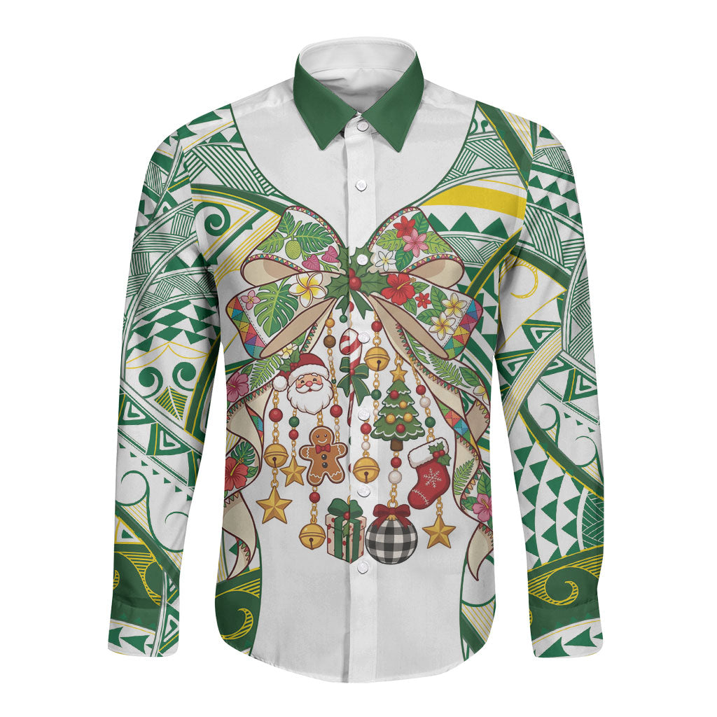 Cook Islands Tīvaevae Christmas Bow Long Sleeve Button Shirt Gold Green Kuki Tribal Pattern LT9 Unisex White - Polynesian Pride