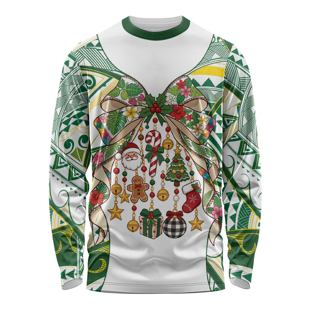 Cook Islands Tīvaevae Christmas Bow Long Sleeve Shirt Gold Green Kuki Tribal Pattern LT9 Unisex White - Polynesian Pride