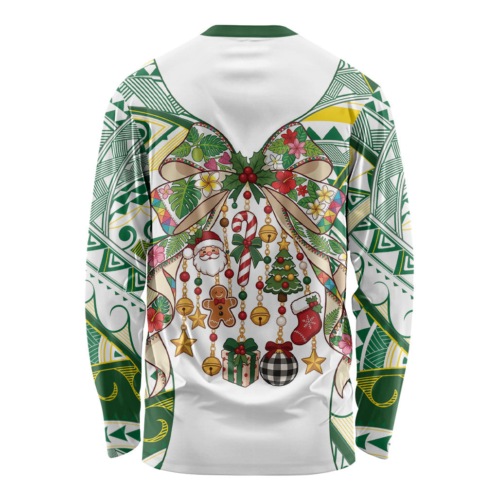 Cook Islands Tīvaevae Christmas Bow Long Sleeve Shirt Gold Green Kuki Tribal Pattern LT9 - Polynesian Pride