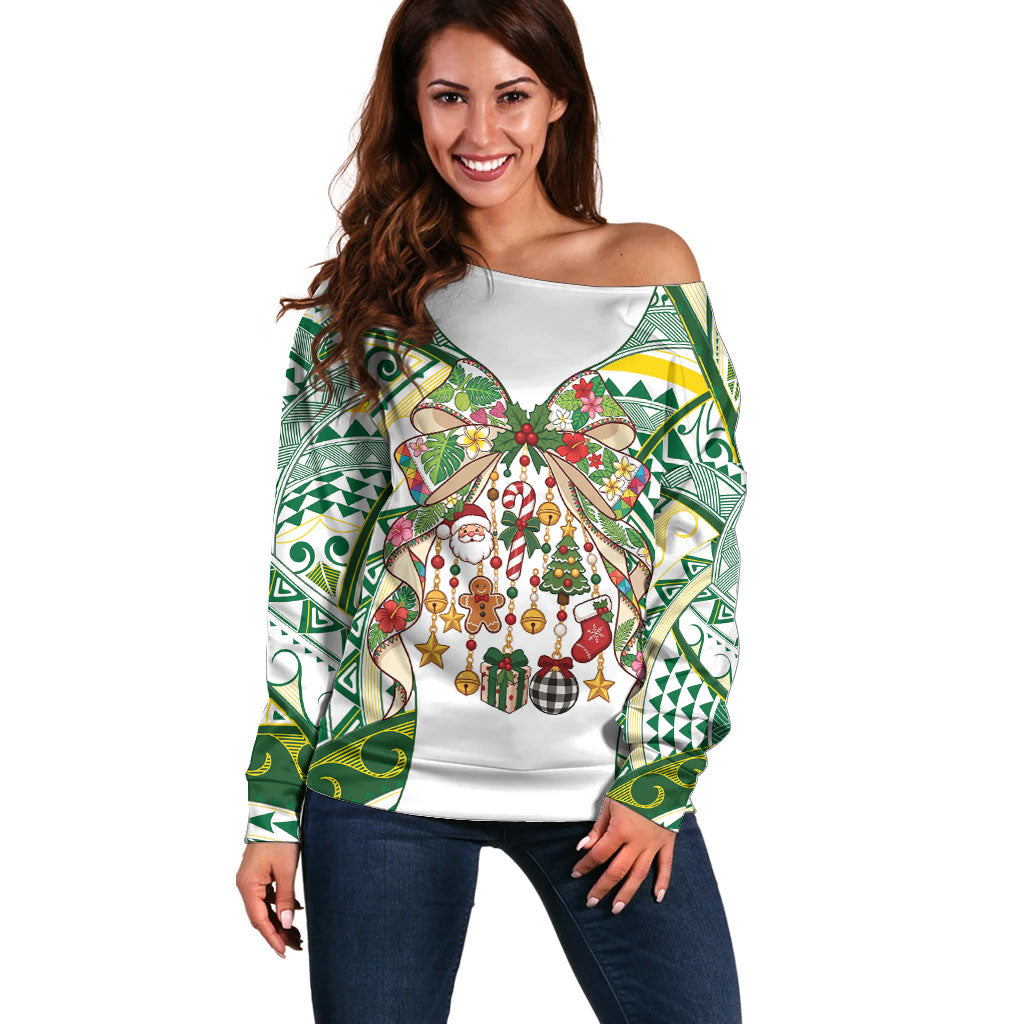 Cook Islands Tīvaevae Christmas Bow Off Shoulder Sweater Gold Green Kuki Tribal Pattern LT9 Women White - Polynesian Pride