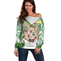 Cook Islands Tīvaevae Christmas Bow Off Shoulder Sweater Gold Green Kuki Tribal Pattern LT9 Women White - Polynesian Pride