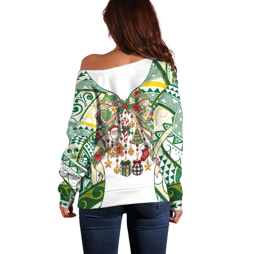 Cook Islands Tīvaevae Christmas Bow Off Shoulder Sweater Gold Green Kuki Tribal Pattern LT9 - Polynesian Pride