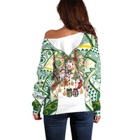 Cook Islands Tīvaevae Christmas Bow Off Shoulder Sweater Gold Green Kuki Tribal Pattern LT9 - Polynesian Pride