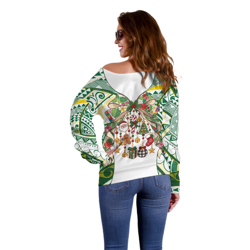 Cook Islands Tīvaevae Christmas Bow Off Shoulder Sweater Gold Green Kuki Tribal Pattern LT9 - Polynesian Pride