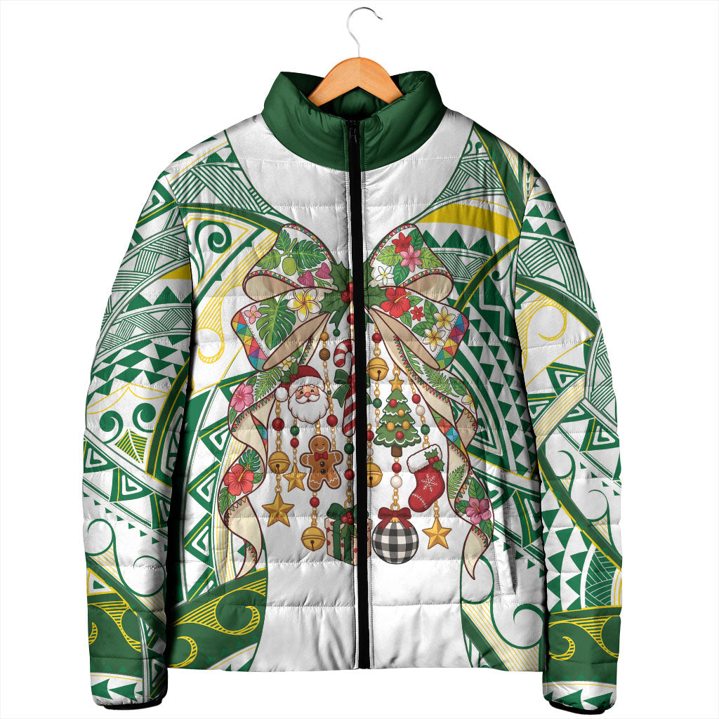Cook Islands Tīvaevae Christmas Bow Padded Jacket Gold Green Kuki Tribal Pattern LT9 - Polynesian Pride