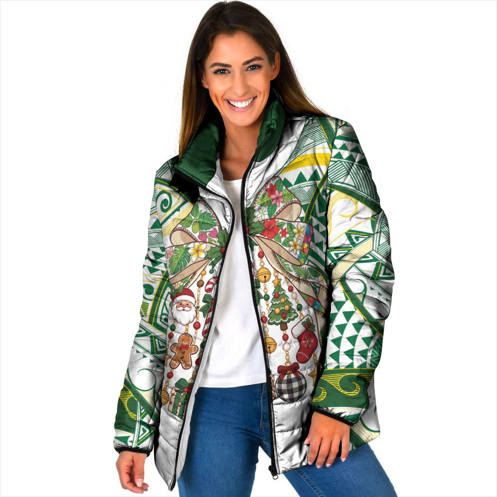 Cook Islands Tīvaevae Christmas Bow Padded Jacket Gold Green Kuki Tribal Pattern LT9 Women White - Polynesian Pride