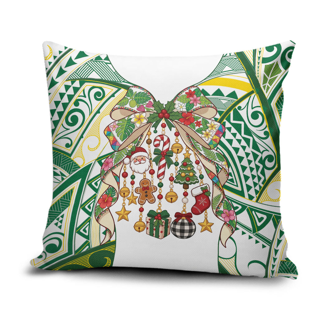 Cook Islands Tīvaevae Christmas Bow Pillow Cover Gold Green Kuki Tribal Pattern LT9 White - Polynesian Pride