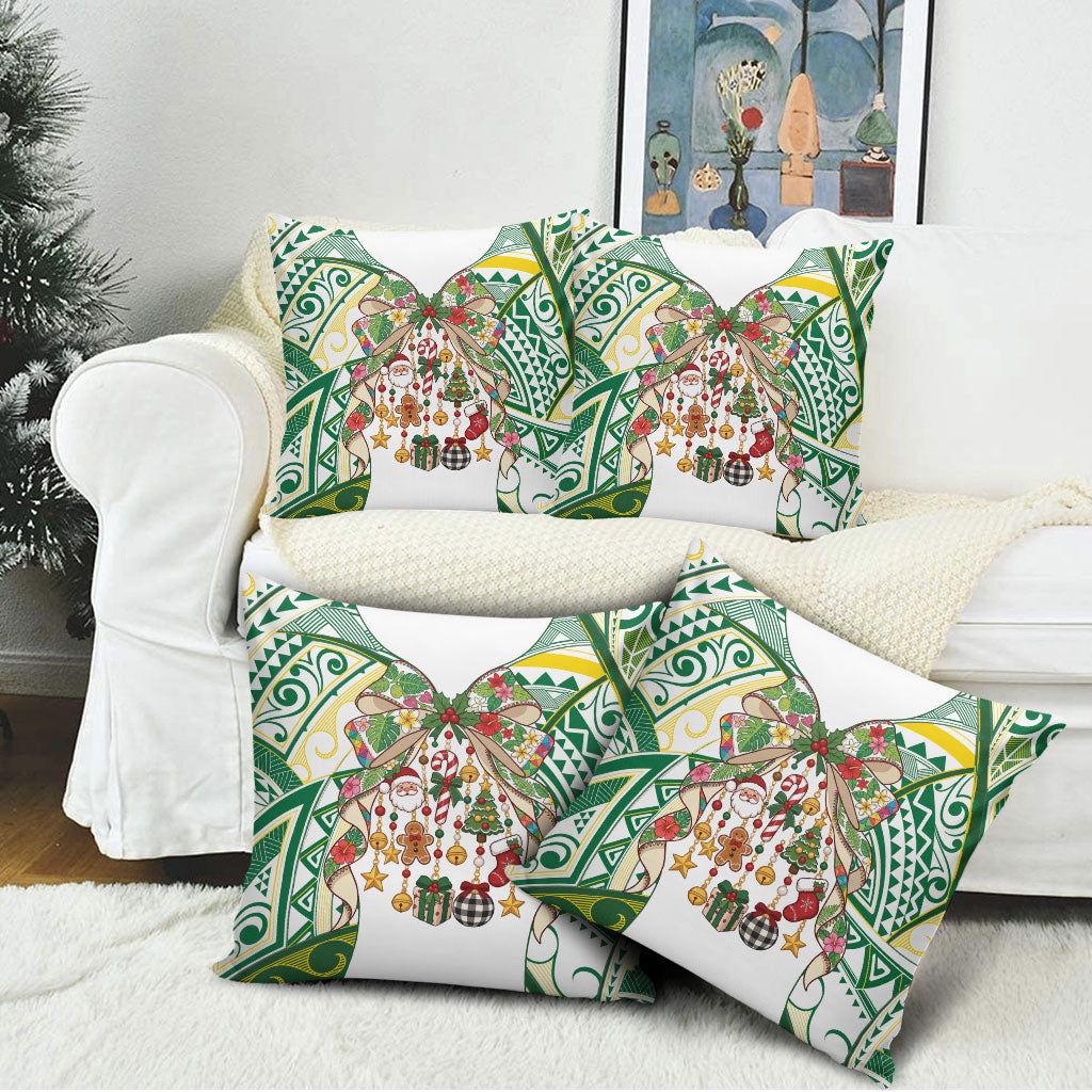 Cook Islands Tīvaevae Christmas Bow Pillow Cover Gold Green Kuki Tribal Pattern LT9 - Polynesian Pride