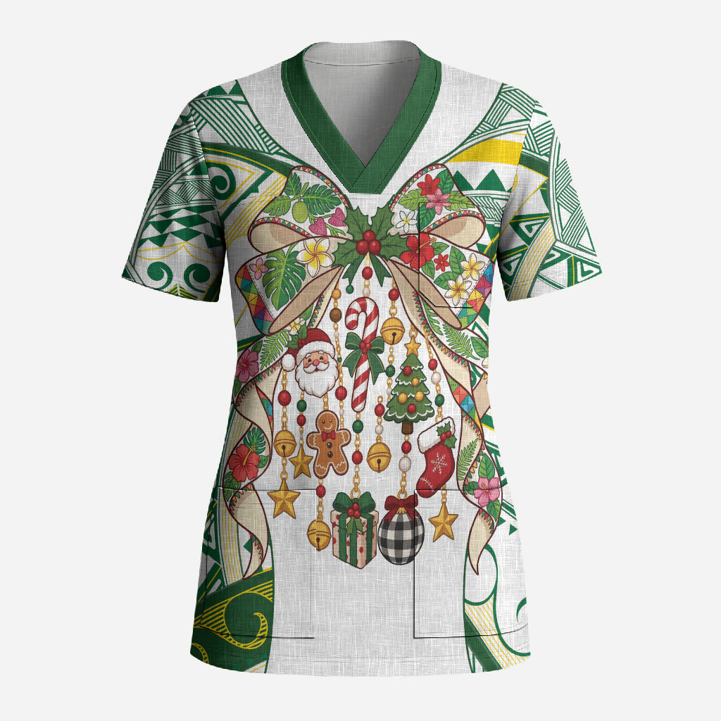 Cook Islands Tīvaevae Christmas Bow Scrub Top Gold Green Kuki Tribal Pattern LT9 Adult White - Polynesian Pride