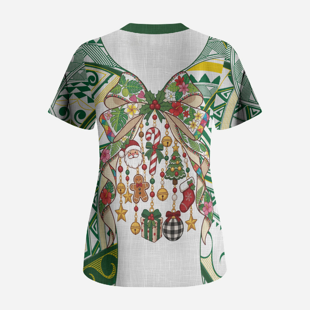 Cook Islands Tīvaevae Christmas Bow Scrub Top Gold Green Kuki Tribal Pattern LT9 - Polynesian Pride
