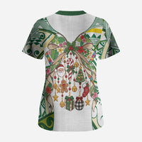 Cook Islands Tīvaevae Christmas Bow Scrub Top Gold Green Kuki Tribal Pattern LT9 - Polynesian Pride