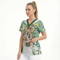 Cook Islands Tīvaevae Christmas Bow Scrub Top Gold Green Kuki Tribal Pattern LT9 - Polynesian Pride