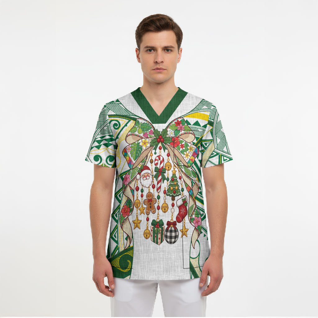 Cook Islands Tīvaevae Christmas Bow Scrub Top Gold Green Kuki Tribal Pattern LT9 - Polynesian Pride
