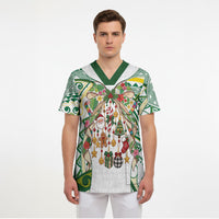 Cook Islands Tīvaevae Christmas Bow Scrub Top Gold Green Kuki Tribal Pattern LT9 - Polynesian Pride