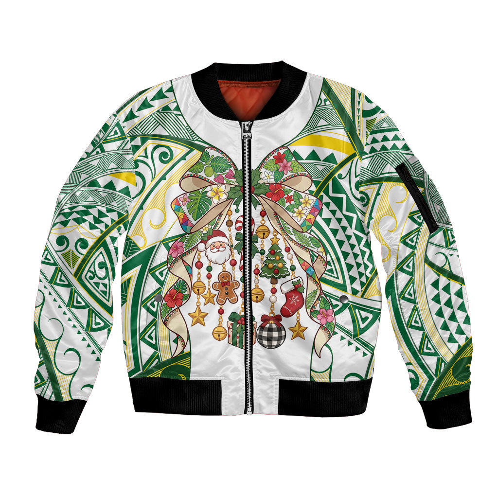 Cook Islands Tīvaevae Christmas Bow Sleeve Zip Bomber Jacket Gold Green Kuki Tribal Pattern LT9 Unisex White - Polynesian Pride