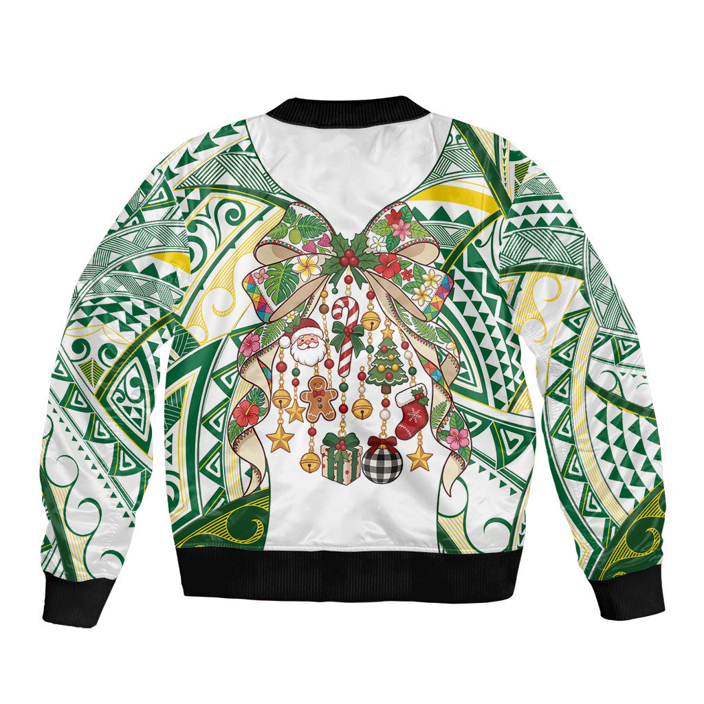 Cook Islands Tīvaevae Christmas Bow Sleeve Zip Bomber Jacket Gold Green Kuki Tribal Pattern LT9 - Polynesian Pride