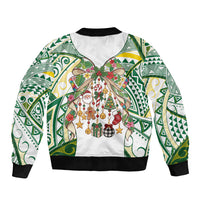 Cook Islands Tīvaevae Christmas Bow Sleeve Zip Bomber Jacket Gold Green Kuki Tribal Pattern LT9 - Polynesian Pride