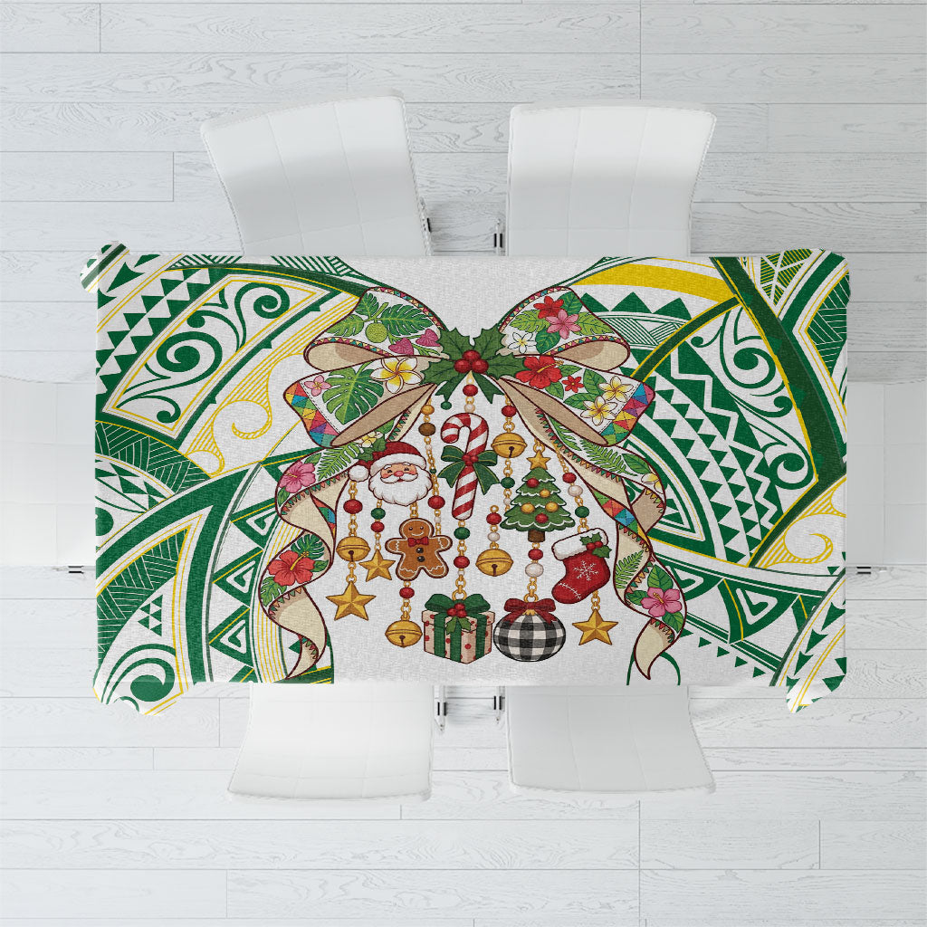 Cook Islands Tīvaevae Christmas Bow Tablecloth Gold Green Kuki Tribal Pattern LT9 White - Polynesian Pride