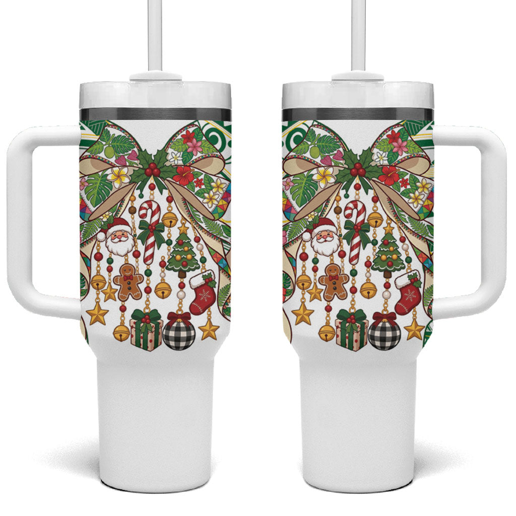 Cook Islands Tīvaevae Christmas Bow Tumbler With Handle Gold Green Kuki Tribal Pattern LT9 One Size: 40 oz White - Polynesian Pride