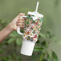 Cook Islands Tīvaevae Christmas Bow Tumbler With Handle Gold Green Kuki Tribal Pattern LT9 - Polynesian Pride