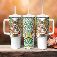 Cook Islands Tīvaevae Christmas Bow Tumbler With Handle Gold Green Kuki Tribal Pattern LT9 - Polynesian Pride