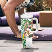 Cook Islands Tīvaevae Christmas Bow Tumbler With Handle Gold Green Kuki Tribal Pattern LT9 - Polynesian Pride