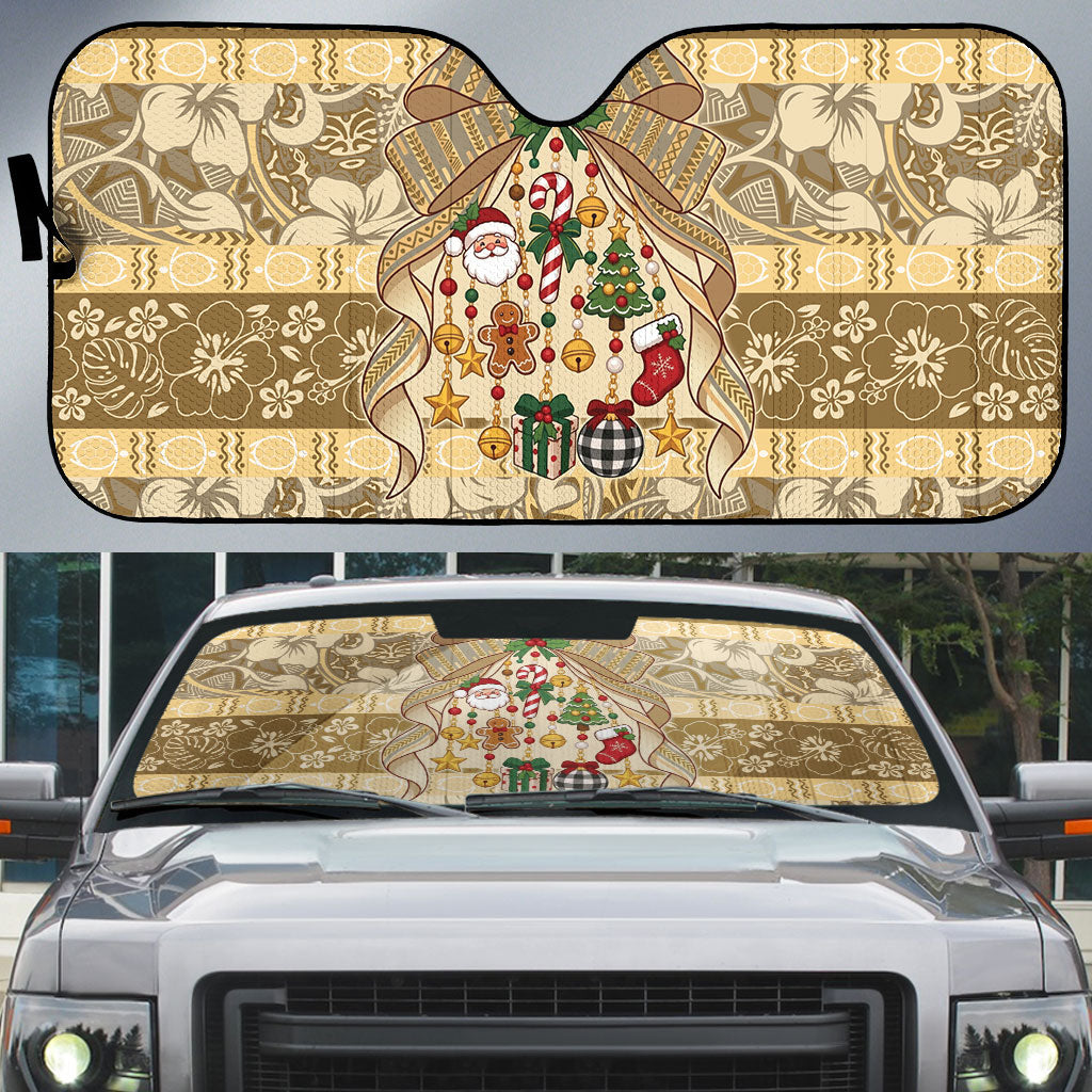 Hawai'i Kapa Christmas Bow Auto Sun Shade Mele Kalikimaka LT9 Beige - Polynesian Pride