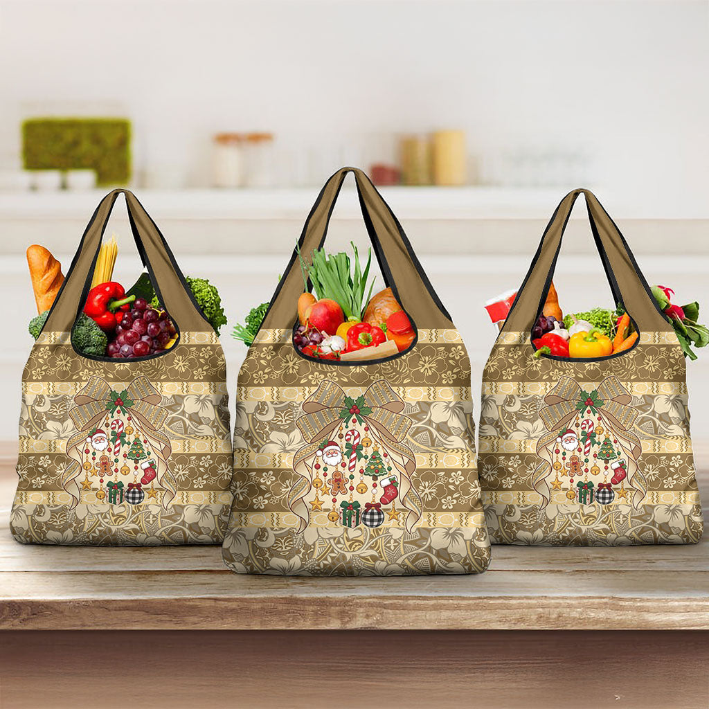 Hawai'i Kapa Christmas Bow Grocery Bag Mele Kalikimaka LT9 3-pack One Size Beige - Polynesian Pride