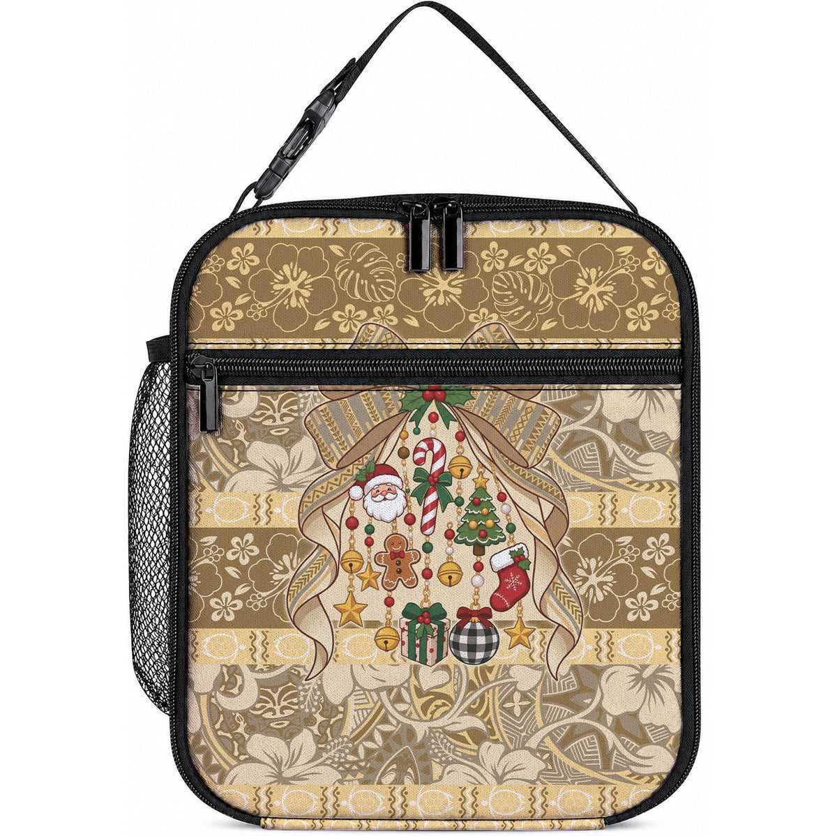 Hawai'i Kapa Christmas Bow Lunch Bag Mele Kalikimaka LT9 10.2 × 8.3 × 4.3 inch Beige - Polynesian Pride