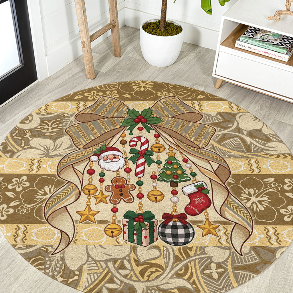Hawai'i Kapa Christmas Bow Round Carpet Mele Kalikimaka LT9 Beige - Polynesian Pride