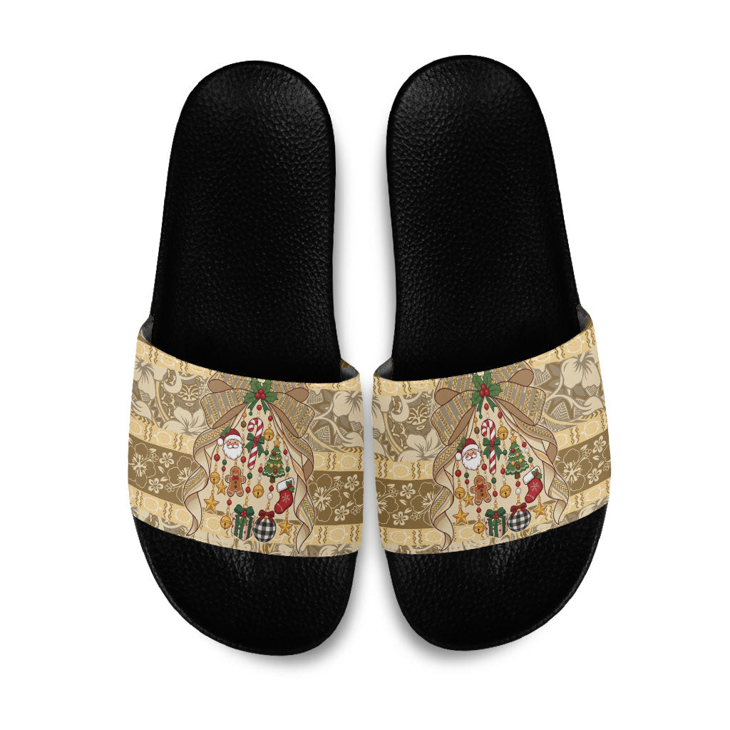 Hawai'i Kapa Christmas Bow Slide Sandals Mele Kalikimaka LT9 Beige - Polynesian Pride