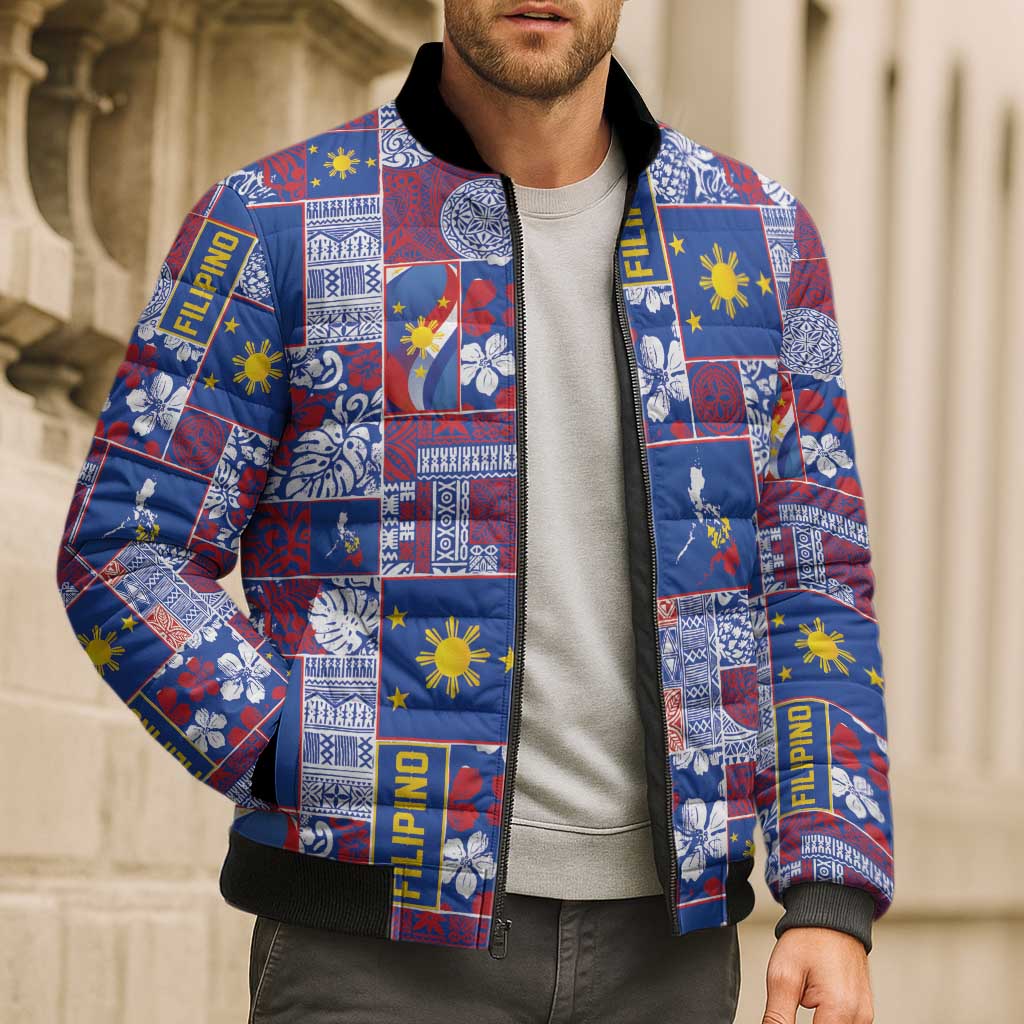 Filipino Maligayang Pasko Bomber Puffer Jacket Pacific Patchwork Xmas Vibes - Polynesian Pride
