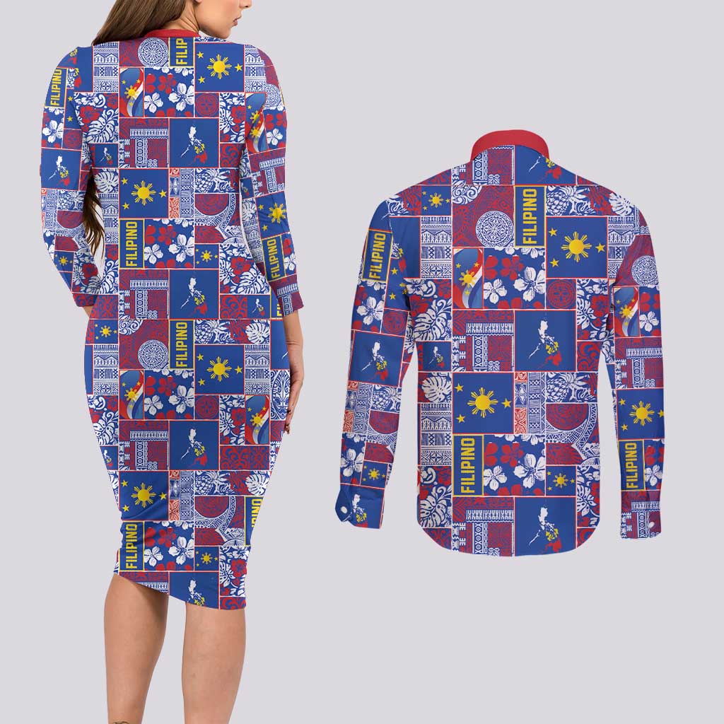 Filipino Maligayang Pasko Couples Matching Long Sleeve Bodycon Dress and Long Sleeve Button Shirt Pacific Patchwork Xmas Vibes - Polynesian Pride