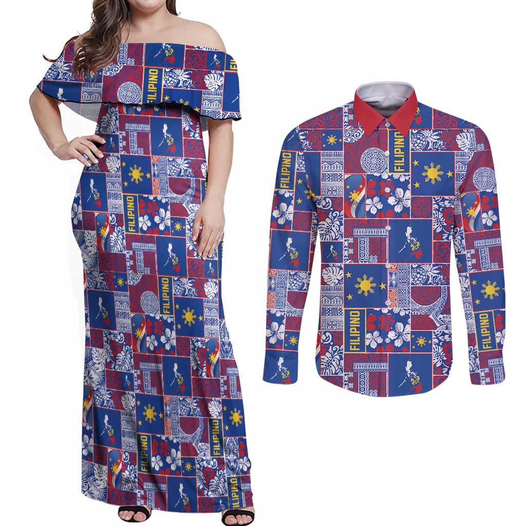 Filipino Maligayang Pasko Couples Matching Off Shoulder Maxi Dress and Long Sleeve Button Shirt Pacific Patchwork Xmas Vibes - Polynesian Pride