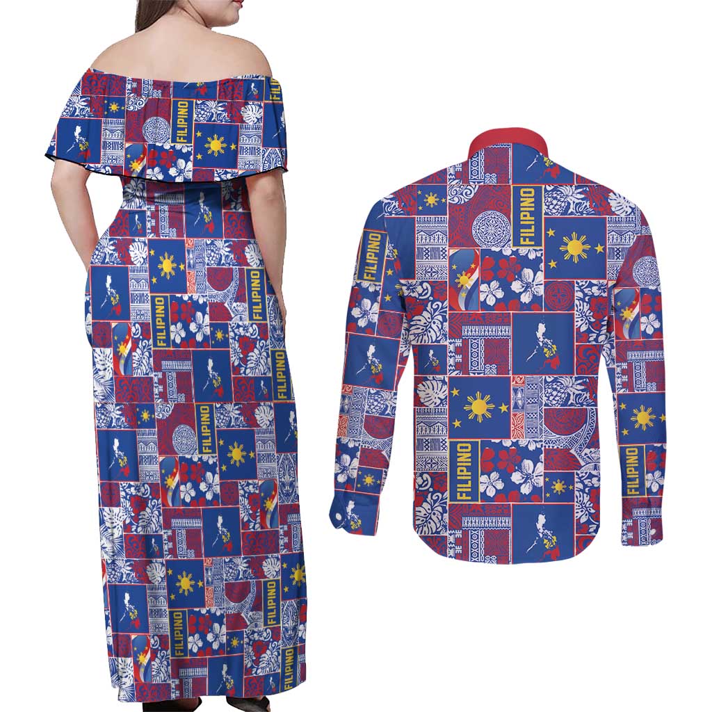 Filipino Maligayang Pasko Couples Matching Off Shoulder Maxi Dress and Long Sleeve Button Shirt Pacific Patchwork Xmas Vibes - Polynesian Pride