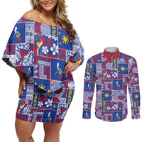 Filipino Maligayang Pasko Couples Matching Off Shoulder Short Dress and Long Sleeve Button Shirt Pacific Patchwork Xmas Vibes - Polynesian Pride