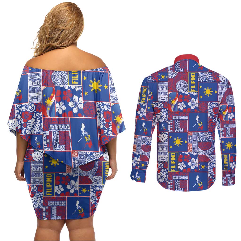 Filipino Maligayang Pasko Couples Matching Off Shoulder Short Dress and Long Sleeve Button Shirt Pacific Patchwork Xmas Vibes - Polynesian Pride