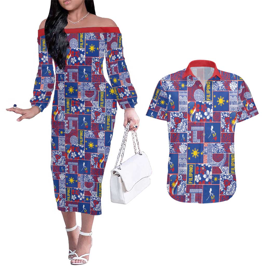 Filipino Maligayang Pasko Couples Matching Off The Shoulder Long Sleeve Dress and Hawaiian Shirt Pacific Patchwork Xmas Vibes - Polynesian Pride