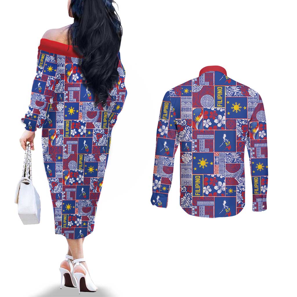 Filipino Maligayang Pasko Couples Matching Off The Shoulder Long Sleeve Dress and Long Sleeve Button Shirt Pacific Patchwork Xmas Vibes - Polynesian Pride