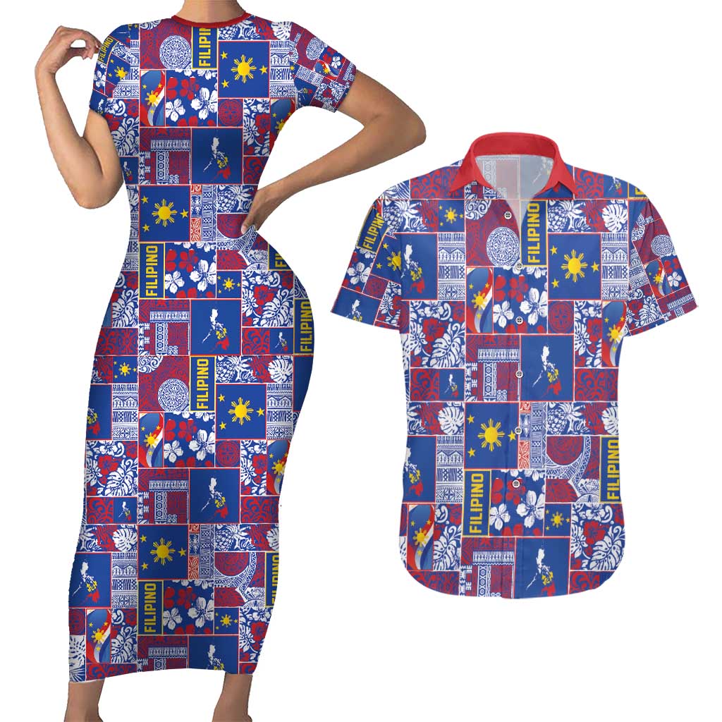 Filipino Maligayang Pasko Couples Matching Short Sleeve Bodycon Dress and Hawaiian Shirt Pacific Patchwork Xmas Vibes - Polynesian Pride