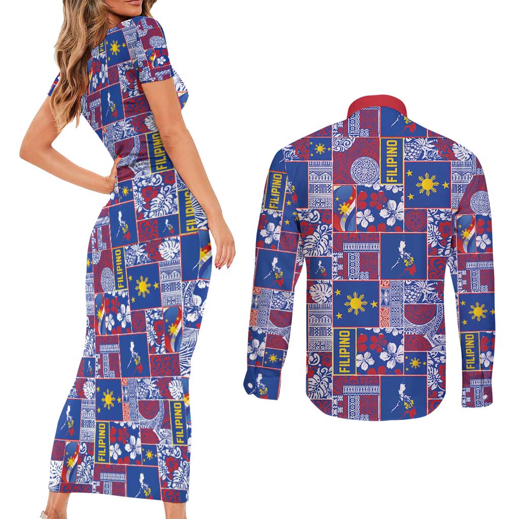 Filipino Maligayang Pasko Couples Matching Short Sleeve Bodycon Dress and Long Sleeve Button Shirt Pacific Patchwork Xmas Vibes - Polynesian Pride